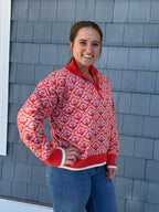 Red Orange Multi Floral Half Zip Mock Neck Pullover Sweater