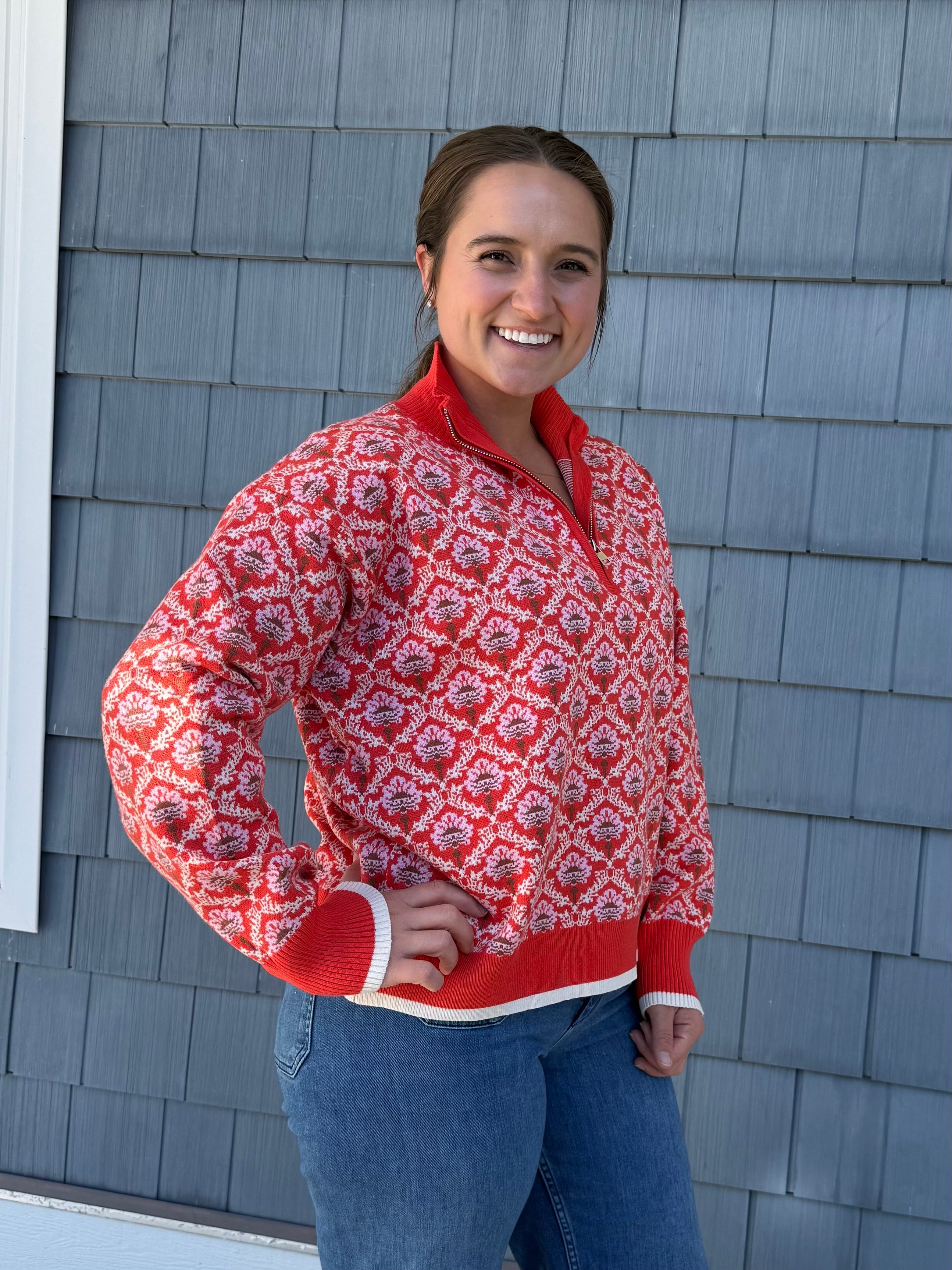 Red Orange Multi Floral Half Zip Mock Neck Pullover Sweater