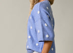 Blue Polka Dot Short Sleeve Crew Neck Knit Cardigan