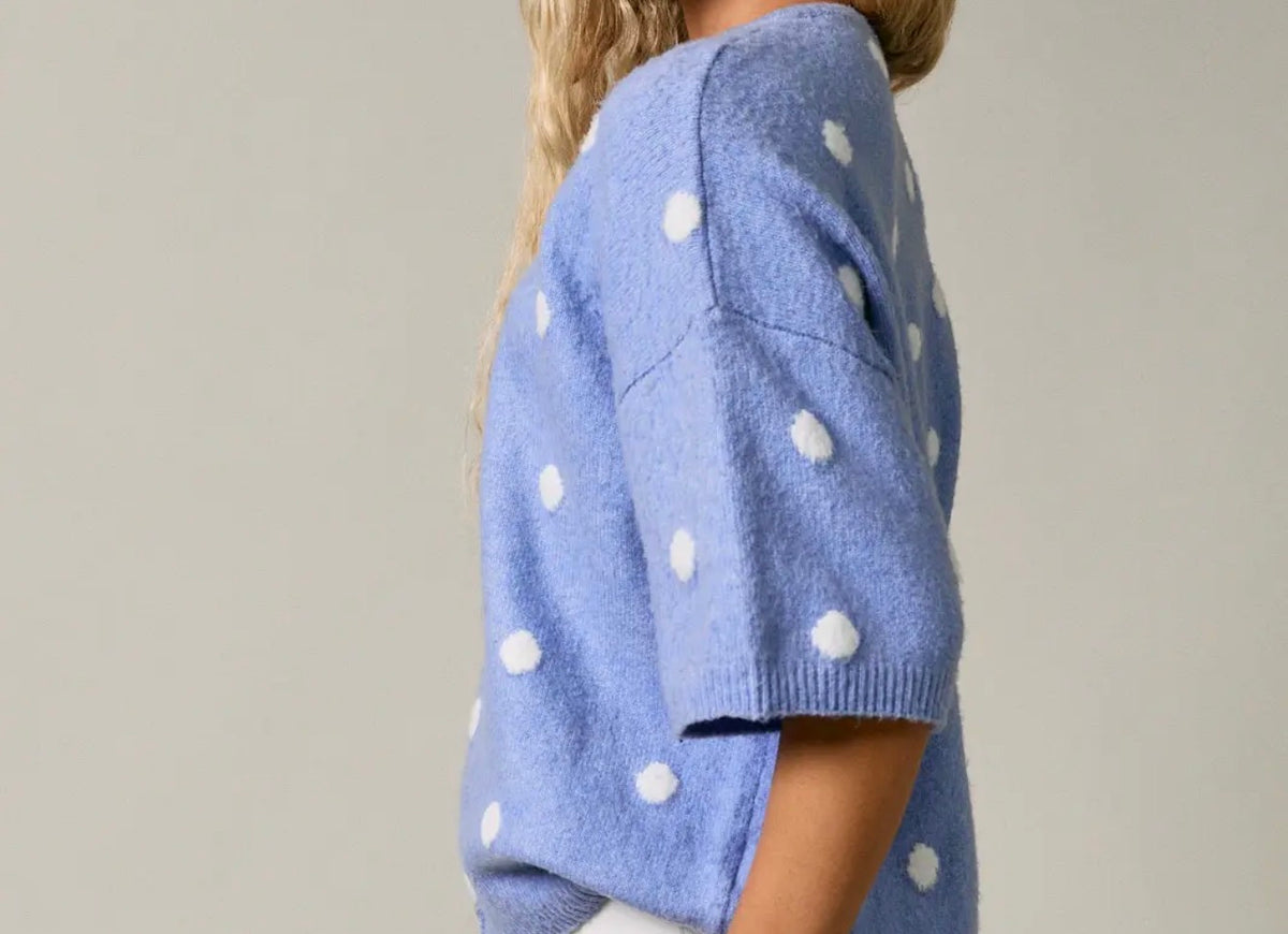 Blue Polka Dot Short Sleeve Crew Neck Knit Cardigan