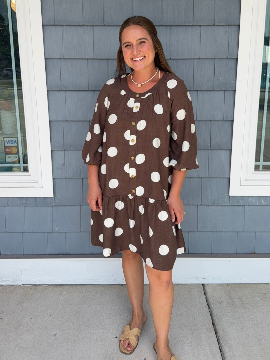 Brown Polka Dot Button Front Dress