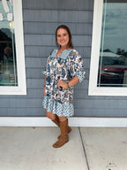 Blue Mixed Print Mini Dress