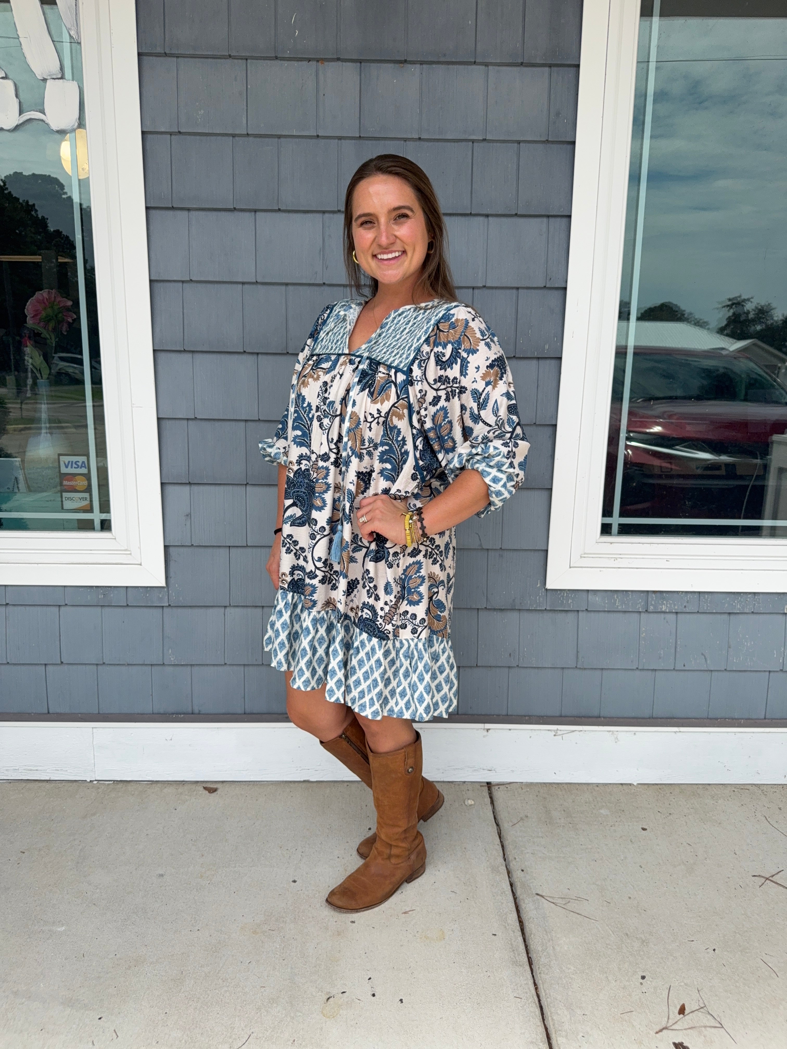 Blue Mixed Print Mini Dress