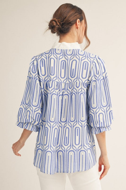 Blue Scallop Trim Geo Print Top