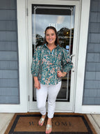 Teal Mix Floral Split Neck Blouse