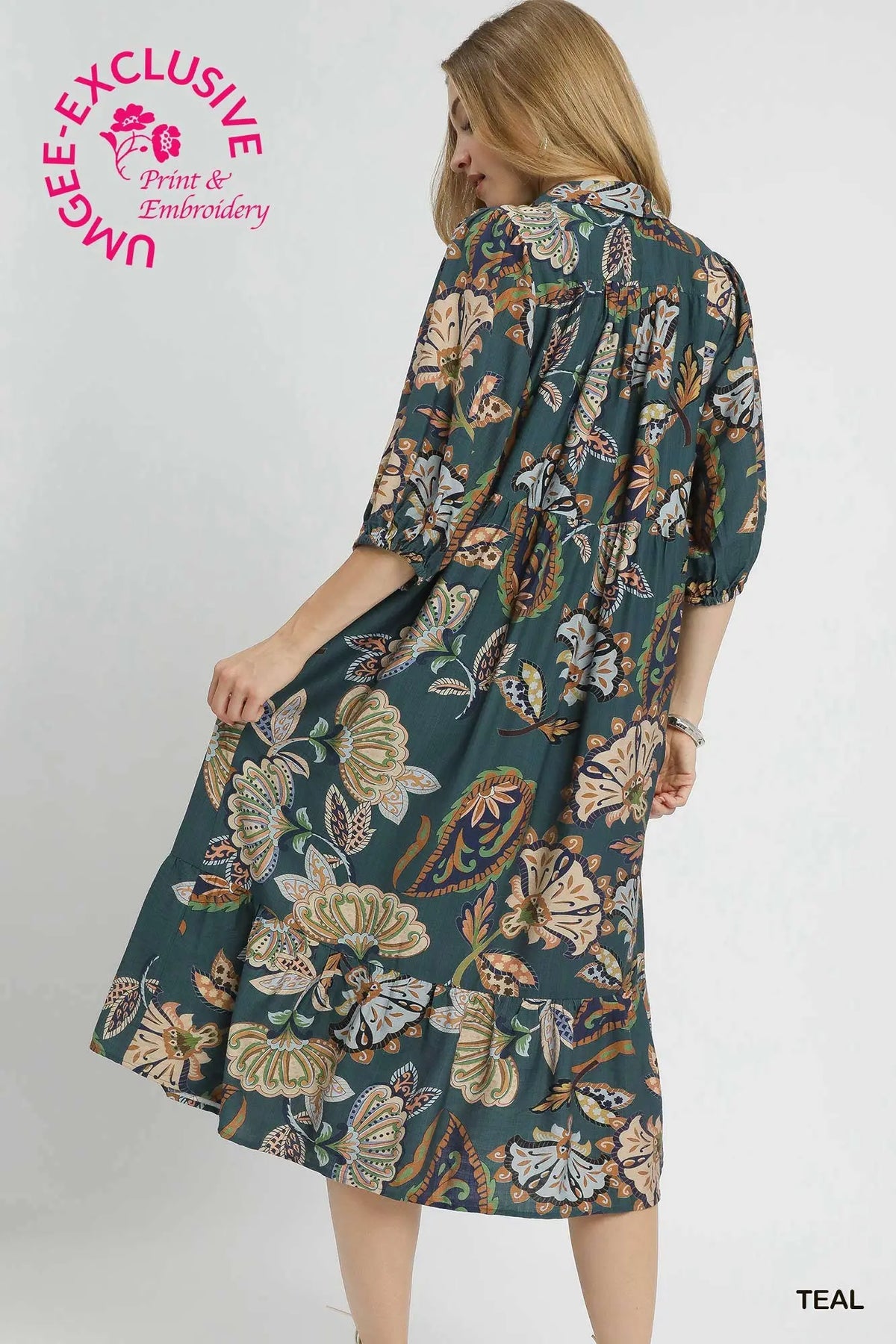 Teal Boho Paisley Midi Dress