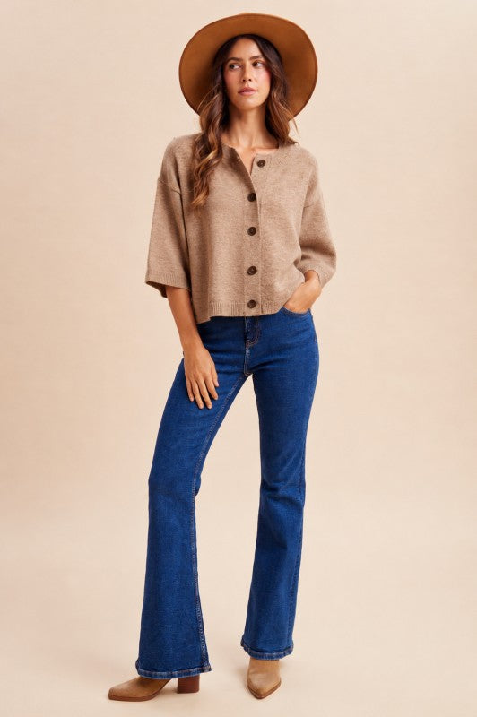 Soft Mocha Half Sleeve Button Down Knit Cardigan
