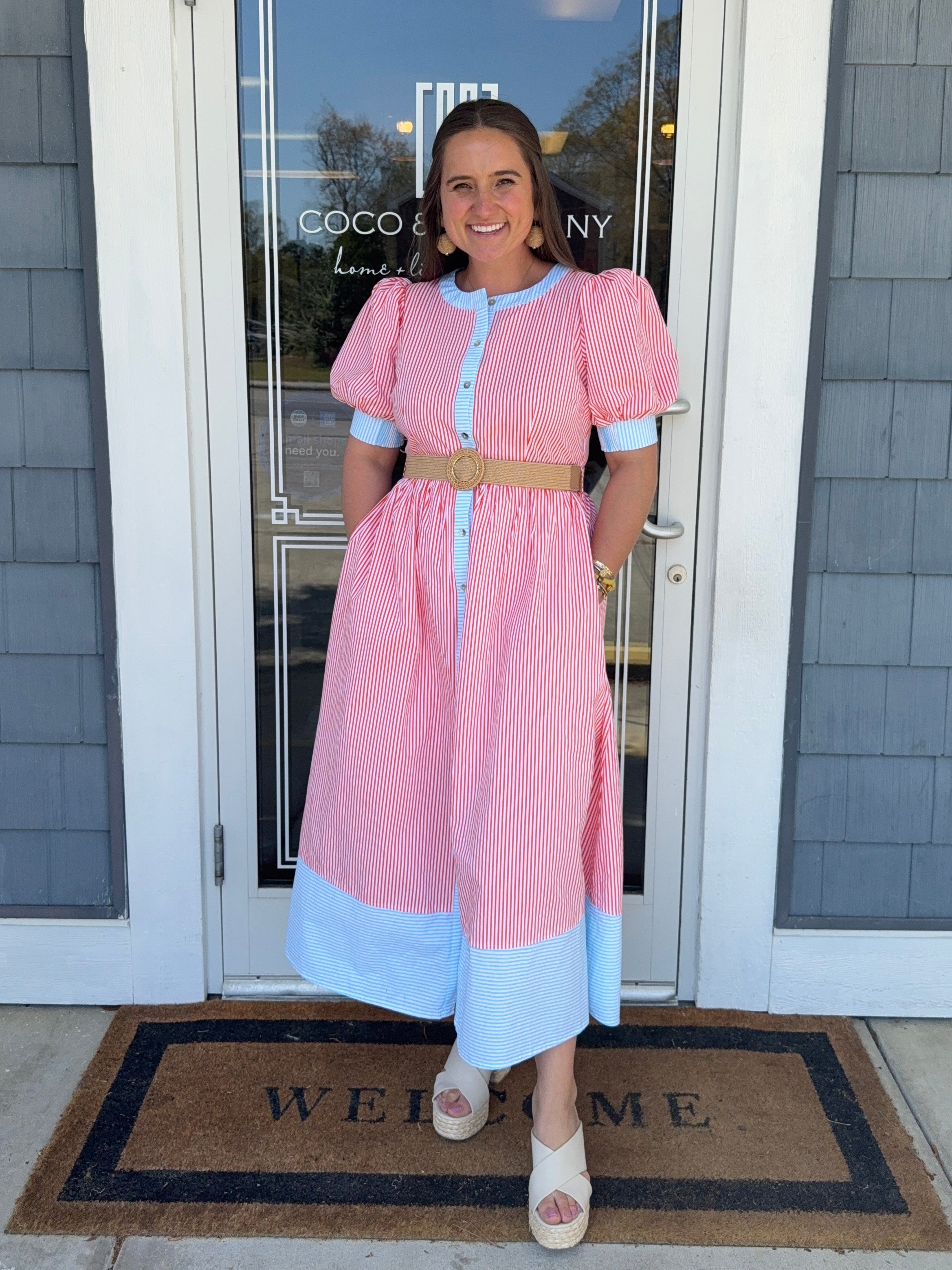 Orange & Blue Stripe Midi Dress w/ Belt