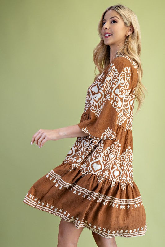 Camel Printed Tiered Dress