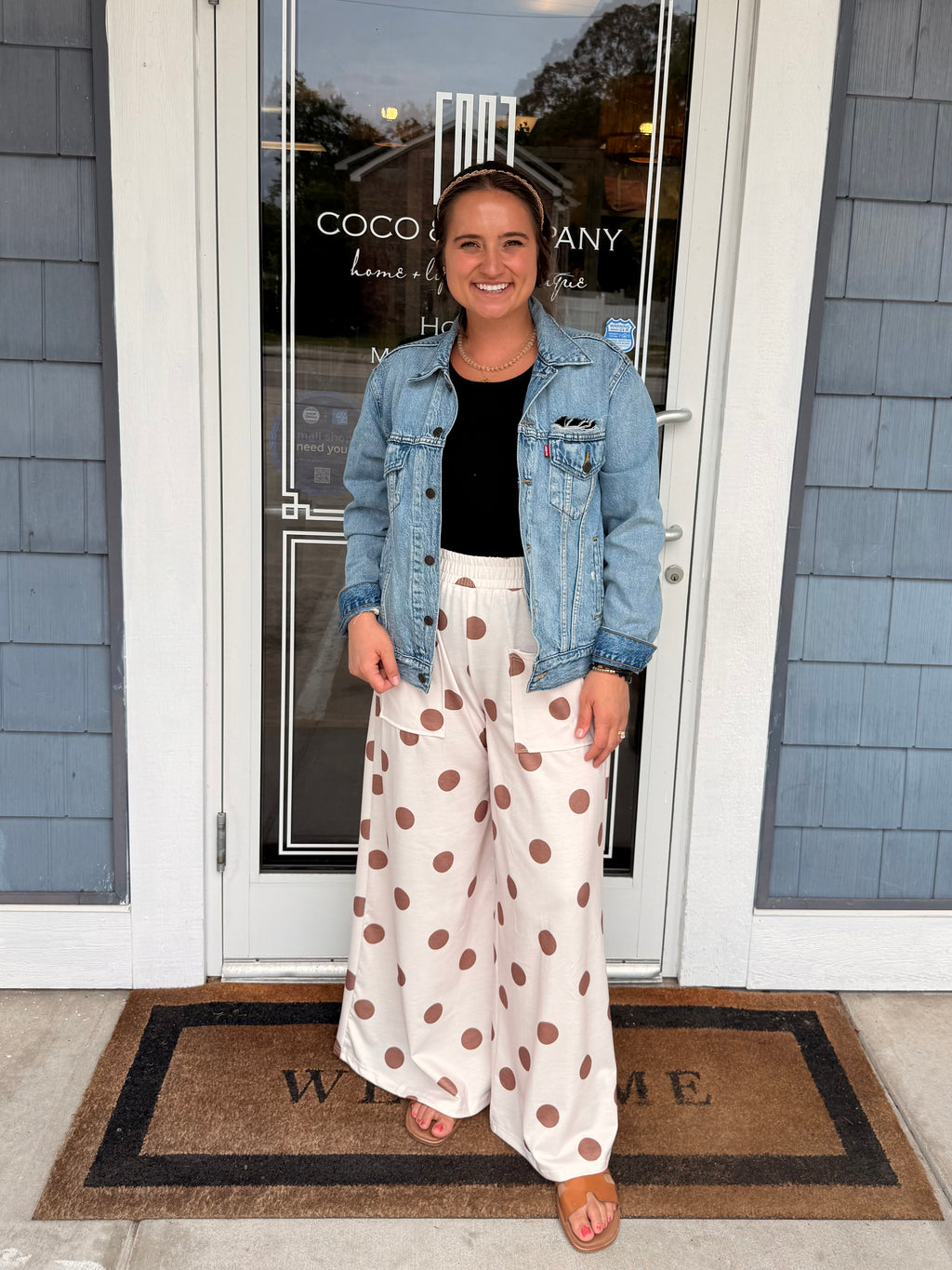 Brown & Cream Polka Dot Elastic Wide Leg Pants