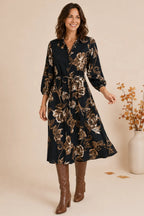 Fall Floral Black & Brown Self Tie Midi Dress