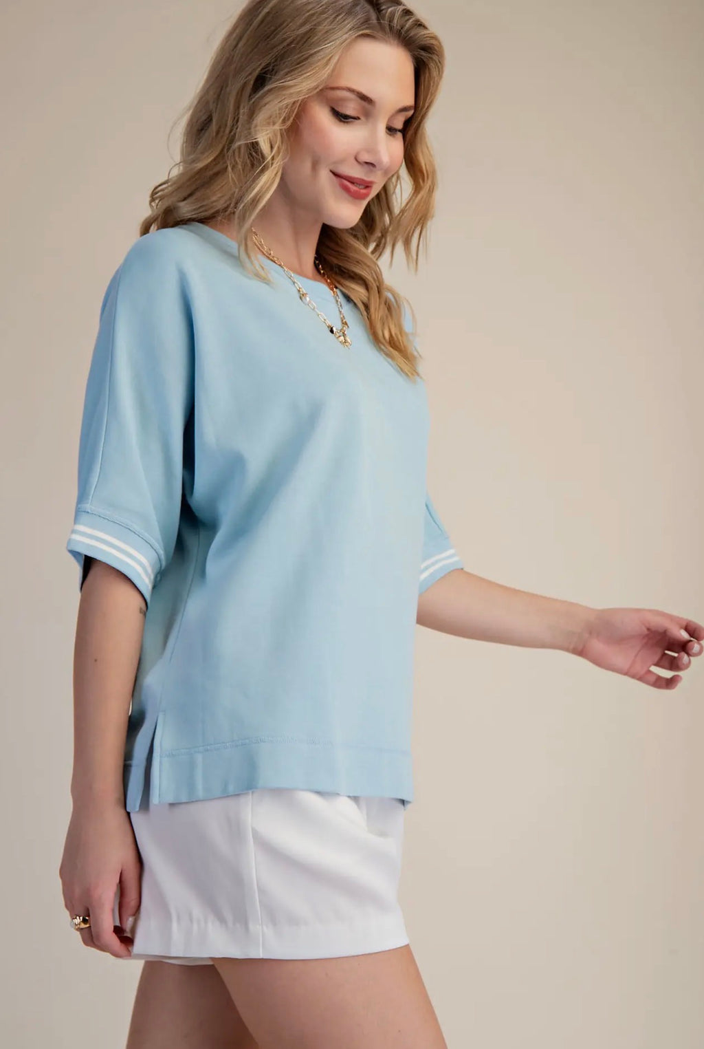 Sky Blue Round Neck Sleeve Trim Band Top