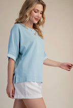 Sky Blue Round Neck Sleeve Trim Band Top