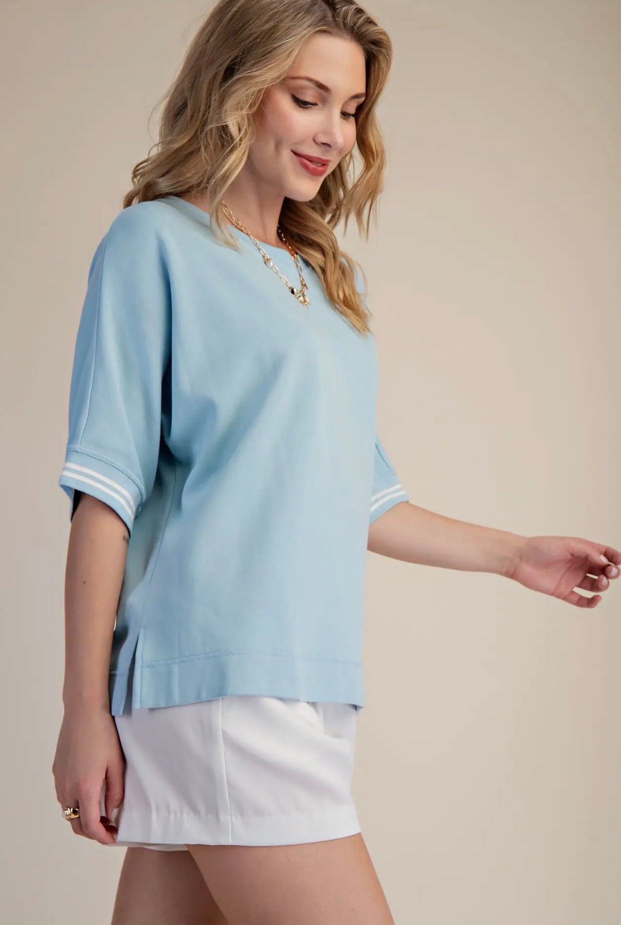 Sky Blue Round Neck Sleeve Trim Band Top