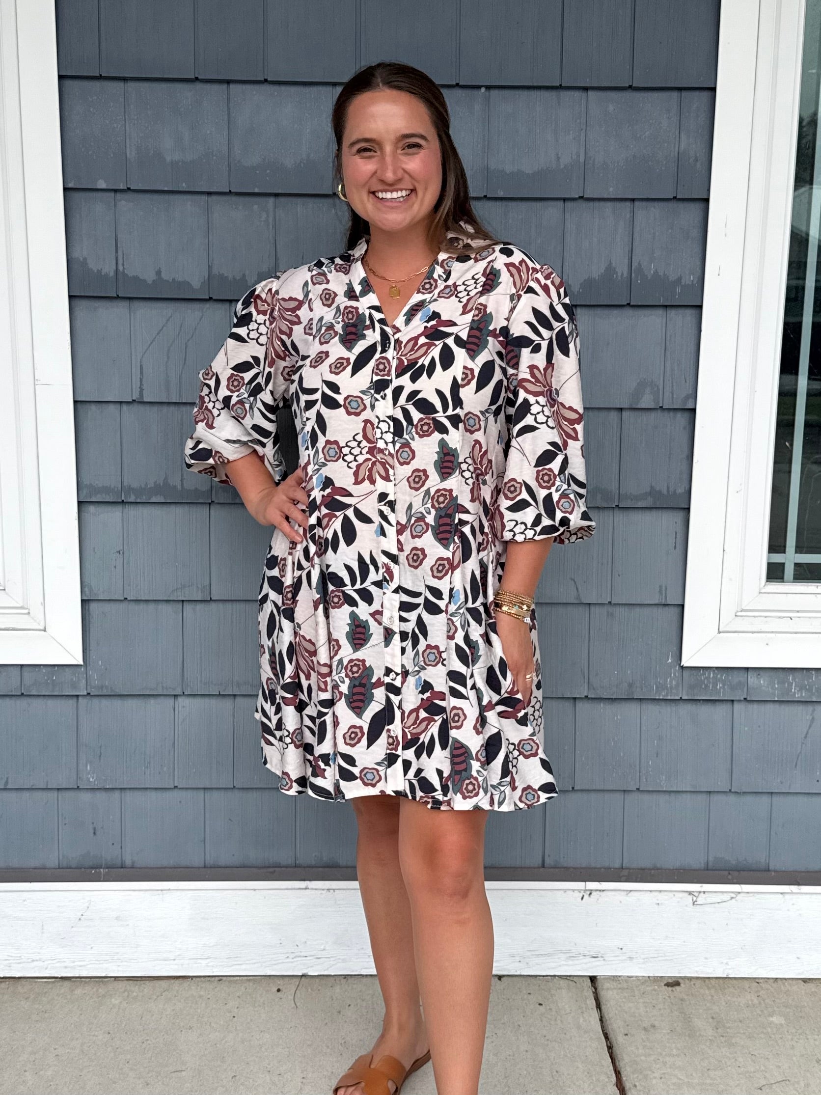 Floral Burgundy Printed 3/4 Sleeve Dress