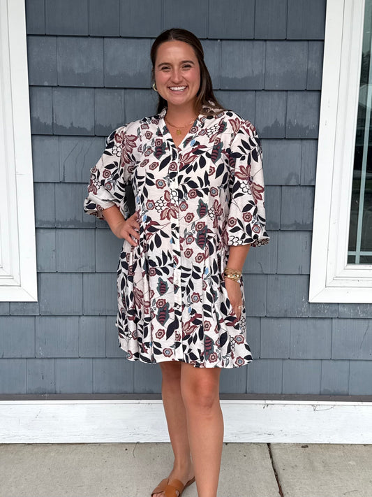 Floral Burgundy Printed 3/4 Sleeve Dress