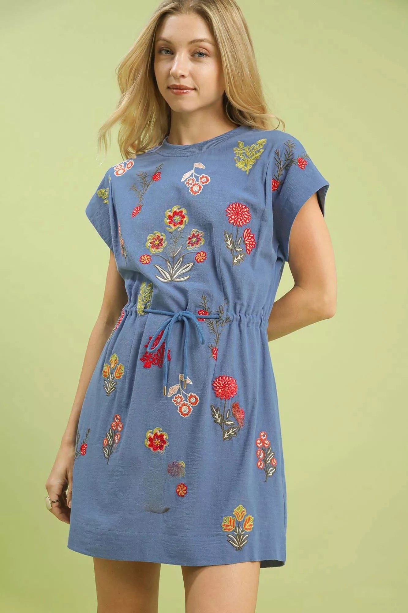 Umgee Embroidered Floral Mini Dress with Waist Tie - DENIM / S Umgee Embroidered Floral Mini Dress with Waist Tie - DENIM / S