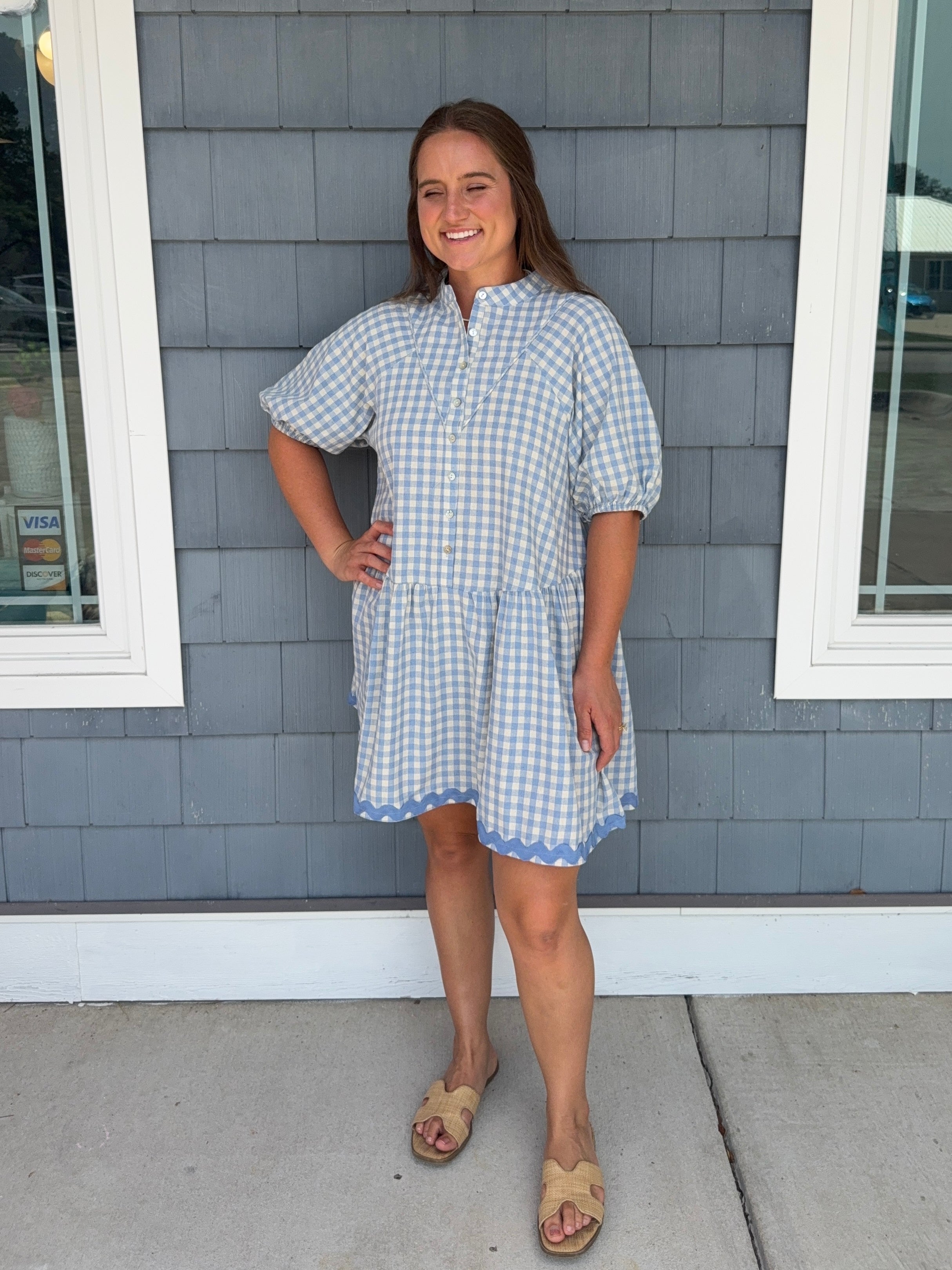 Sky Blue Gingham Button Down Ric Rac Dress