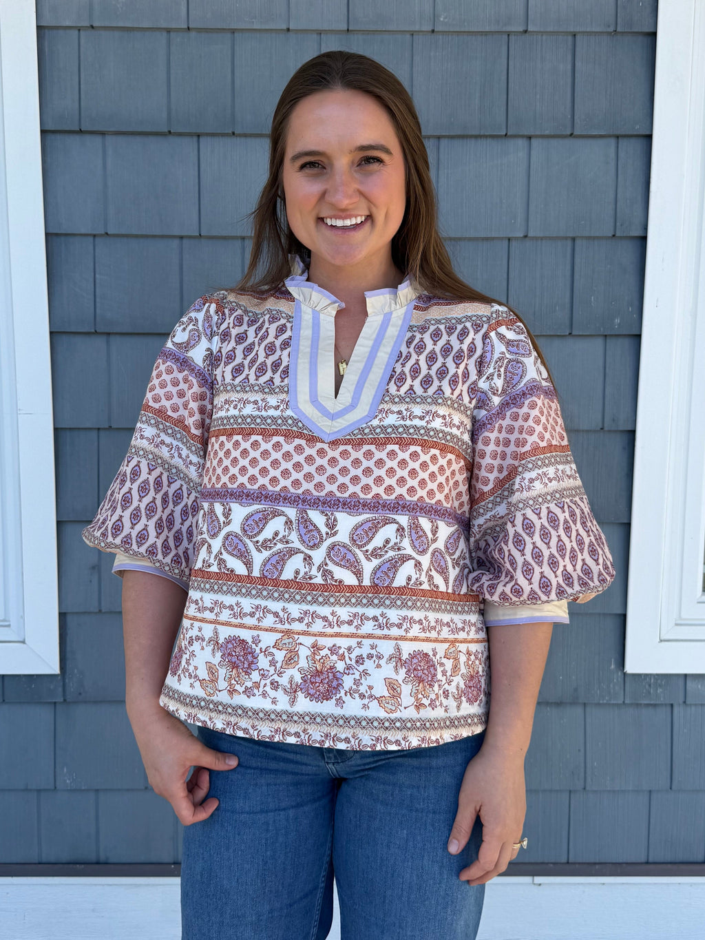 Sand Multi Bubble Sleeve V-neck Top