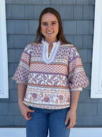 Sand Multi Bubble Sleeve V-neck Top