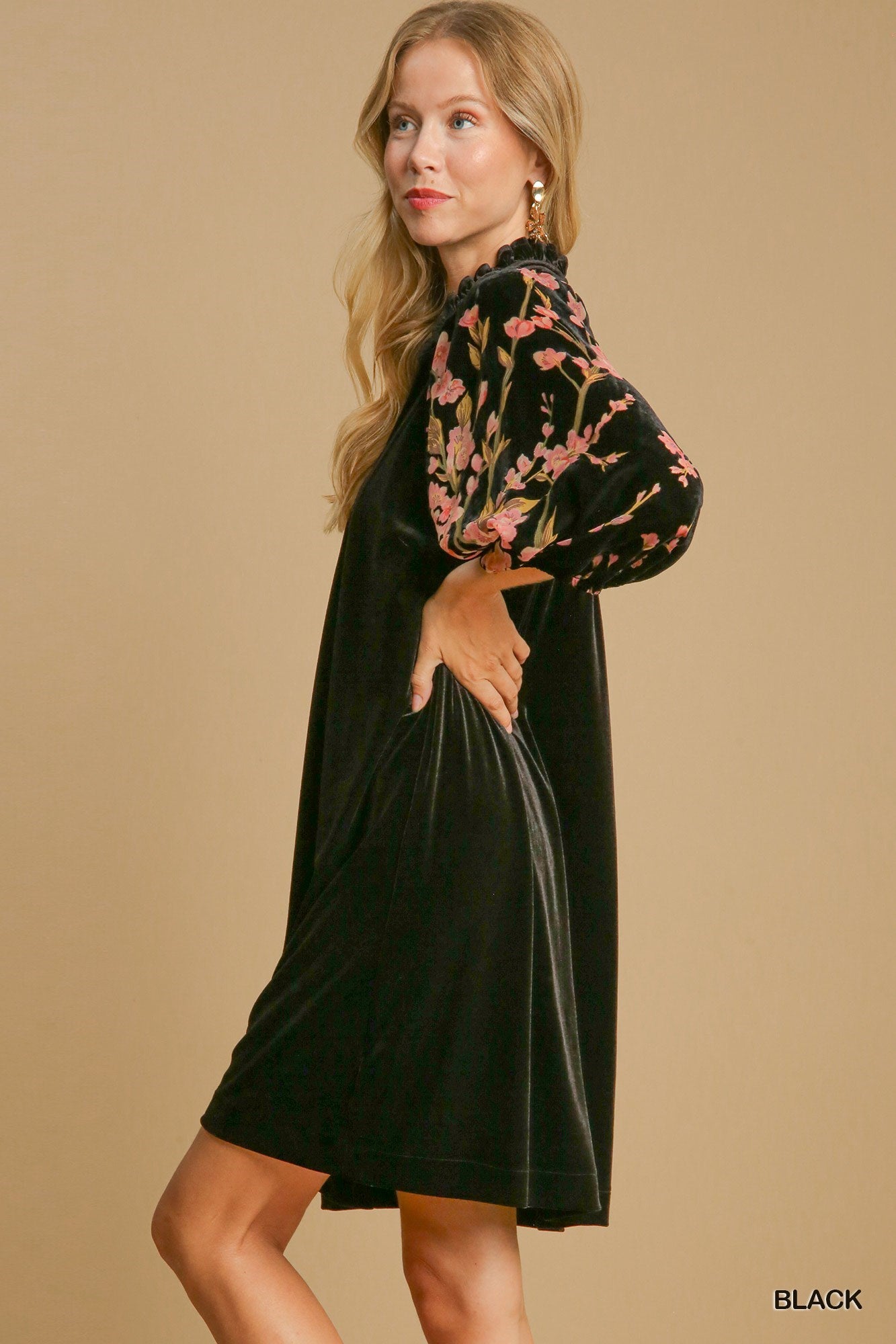 Black Velvet Ruffle Neck Mini Dress