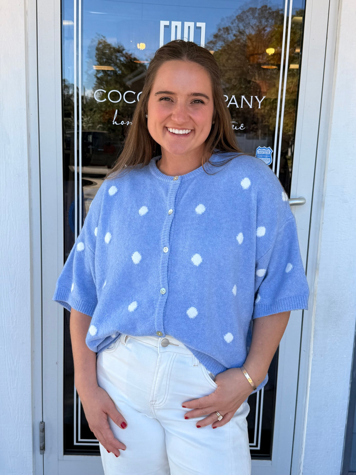Blue Polka Dot Short Sleeve Crew Neck Knit Cardigan