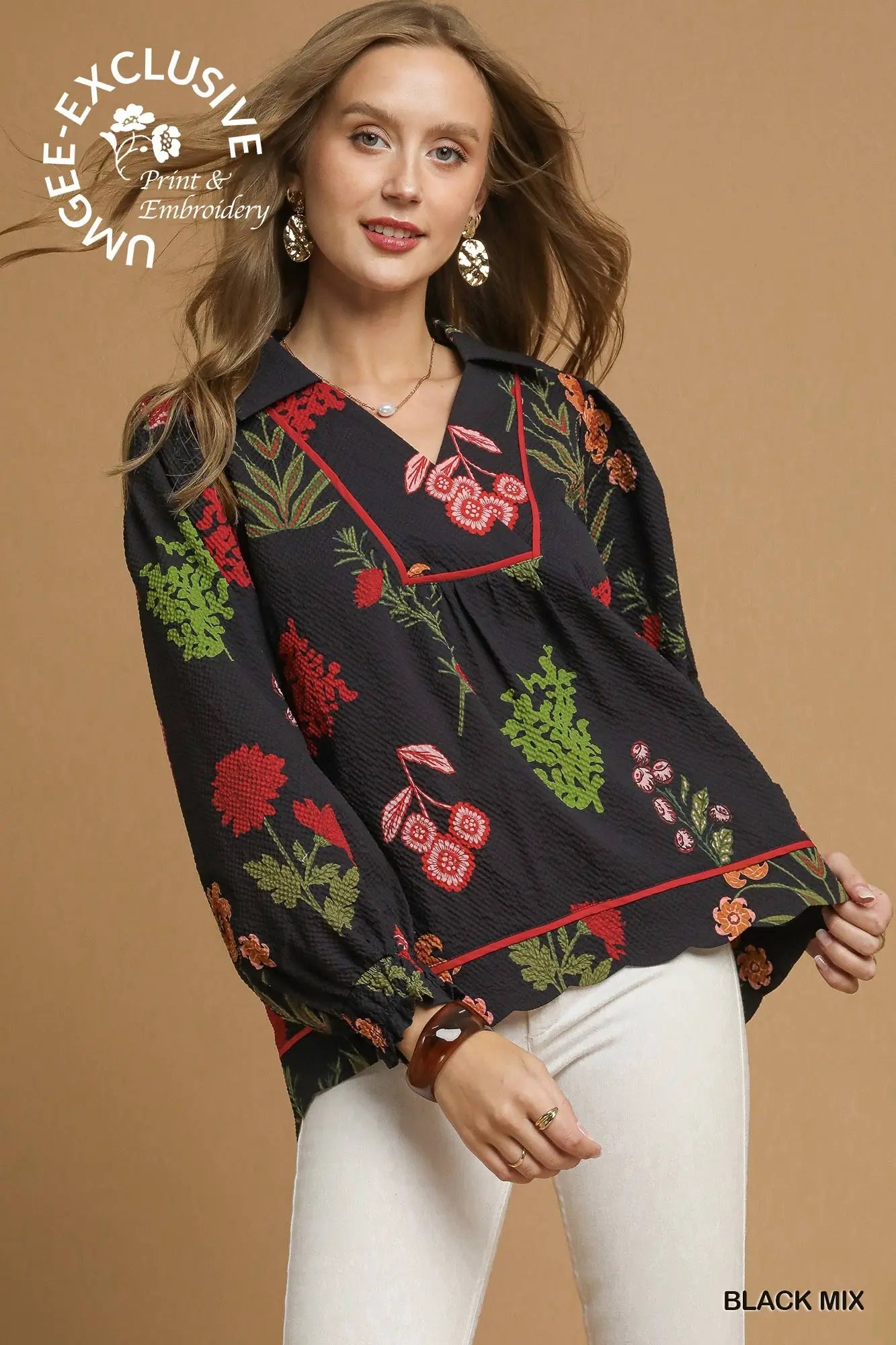 Black Floral Print Textured Fabric Collared Top