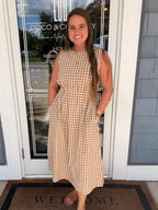 Taupe Gingham Check Midi Dress