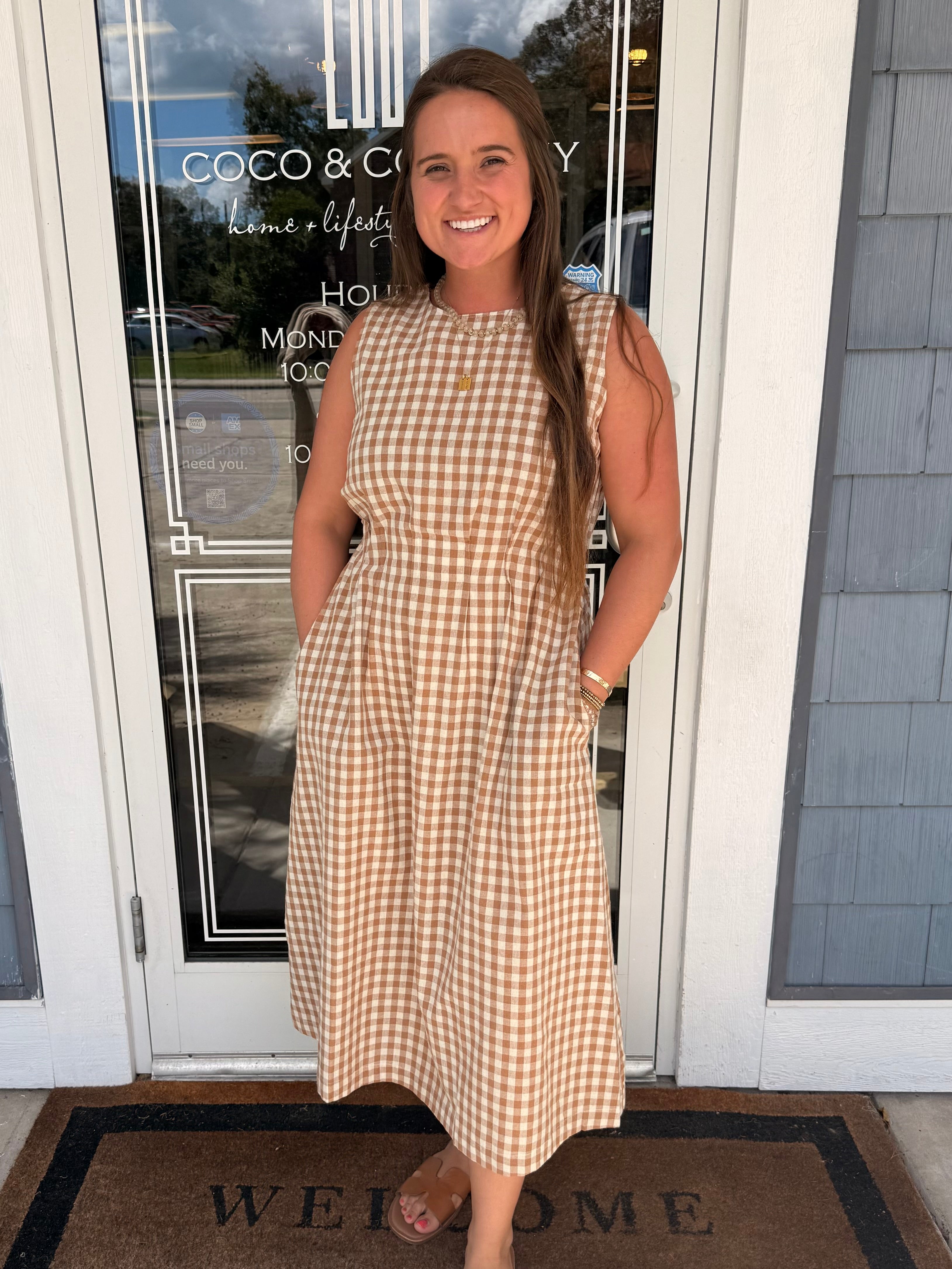 Taupe Gingham Check Midi Dress