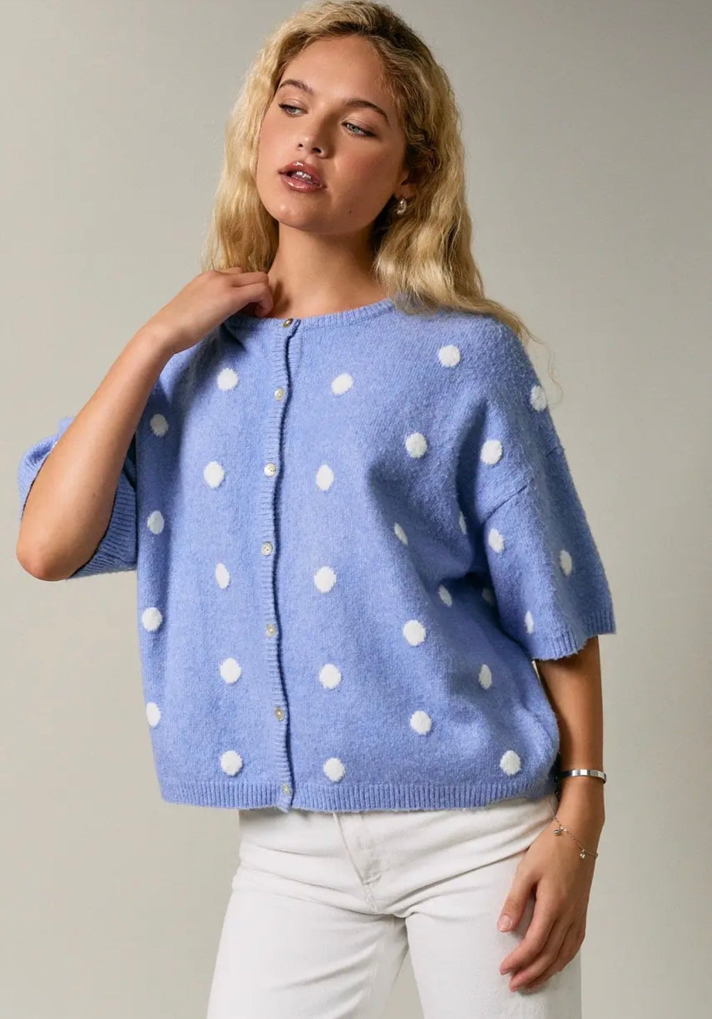 Blue Polka Dot Short Sleeve Crew Neck Knit Cardigan