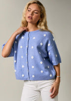 Blue Polka Dot Short Sleeve Crew Neck Knit Cardigan
