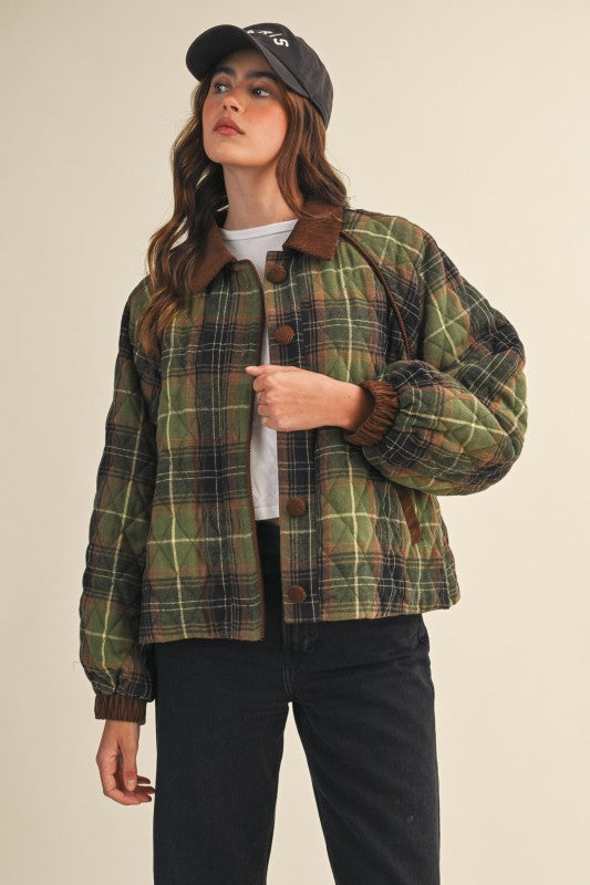 Olive Plaid Quilted Jacket With Corduroy Jacket SHIPS OR PICKUP FROM COCO 10/15/25