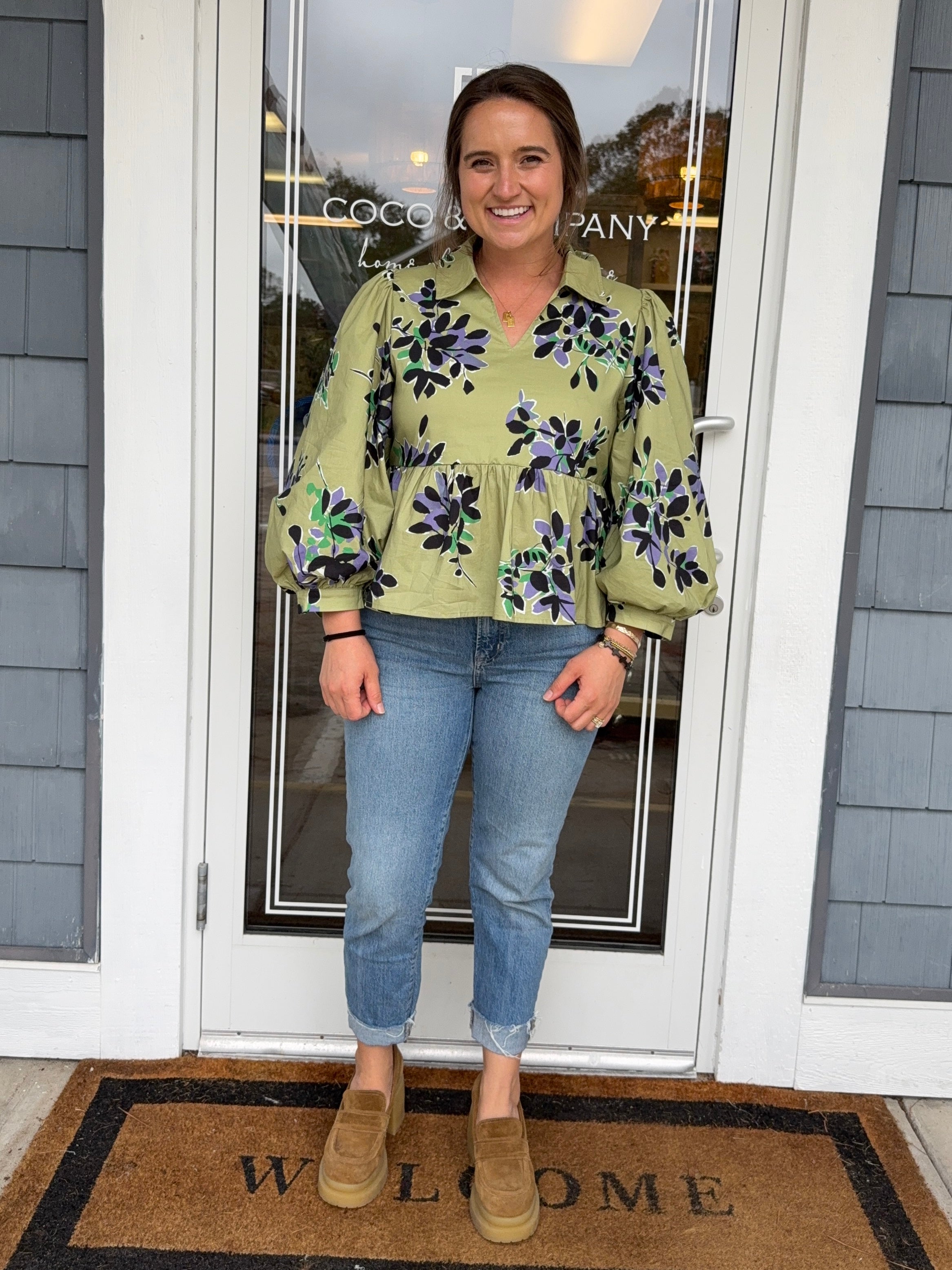 Olive Floral Peplum Top