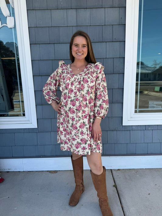 Floral V-Neck Corduroy Mini Dress