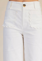 White Wide Leg Cropped Scalloped Pocket Pants