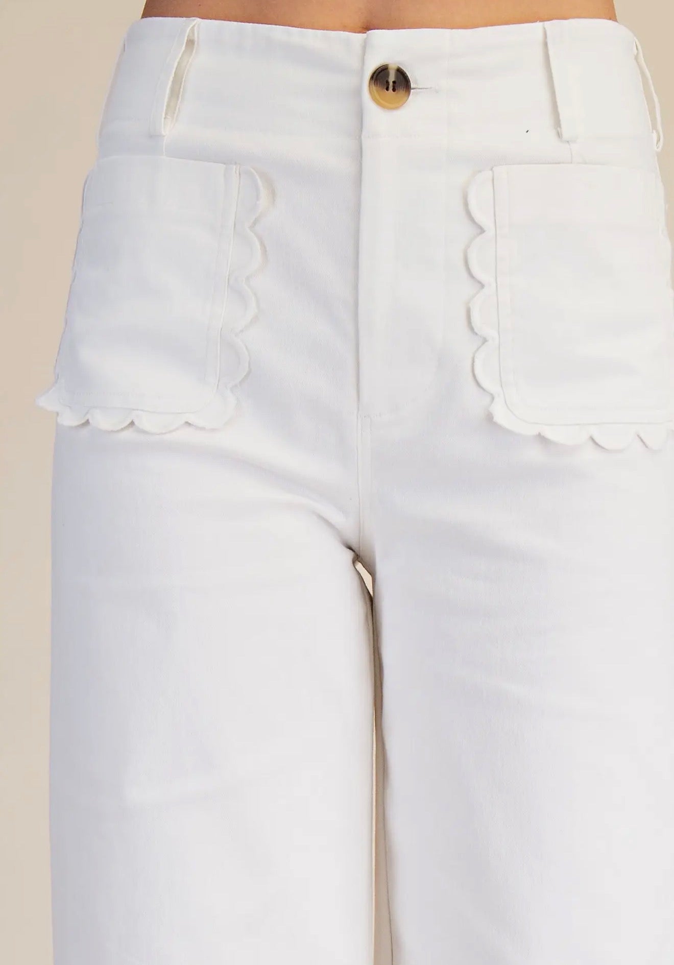 White Wide Leg Cropped Scalloped Pocket Pants