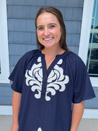 Navy Linen V-Neck Dress
