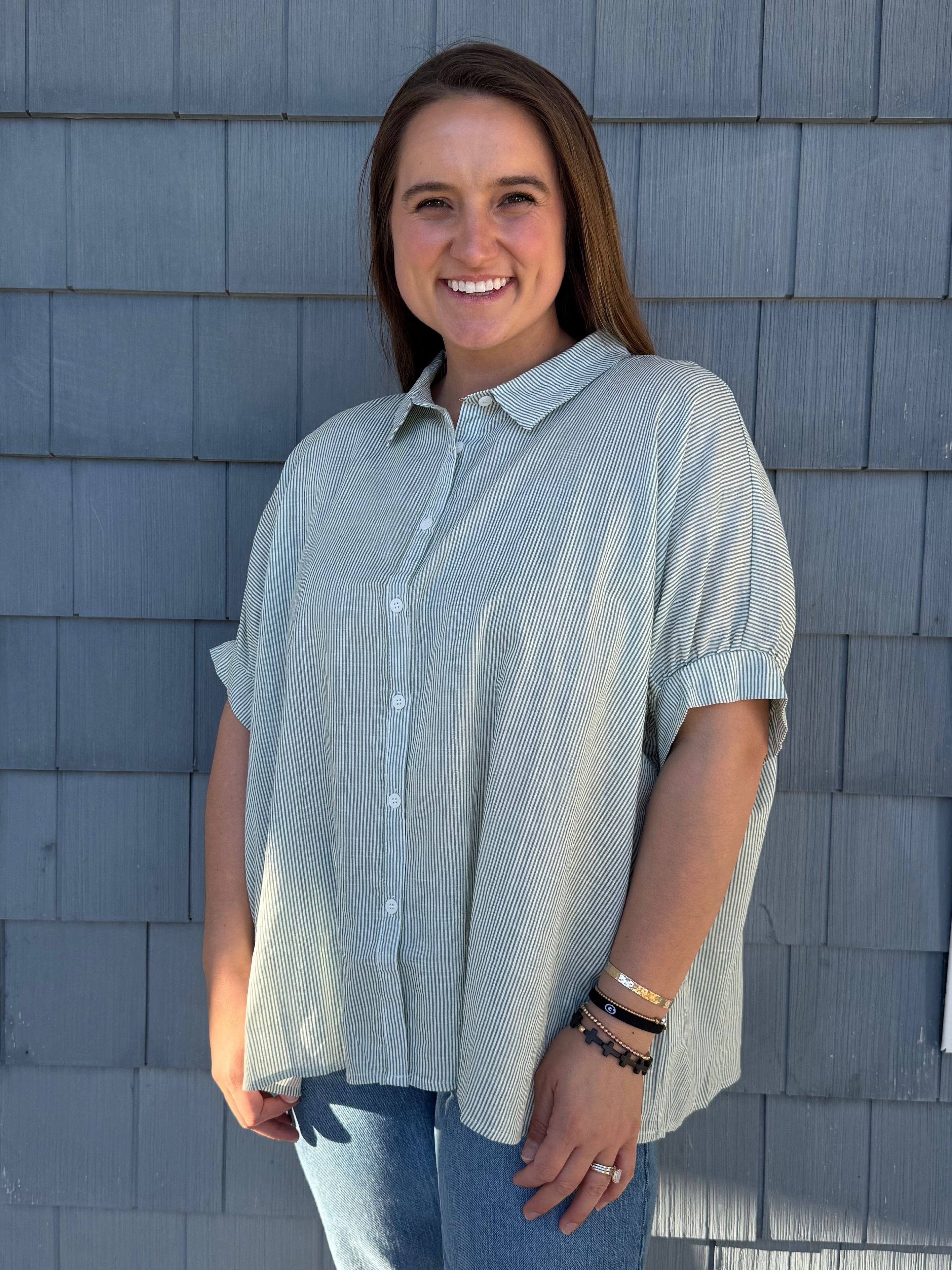 Mint Striped Collared Oversized Button Down