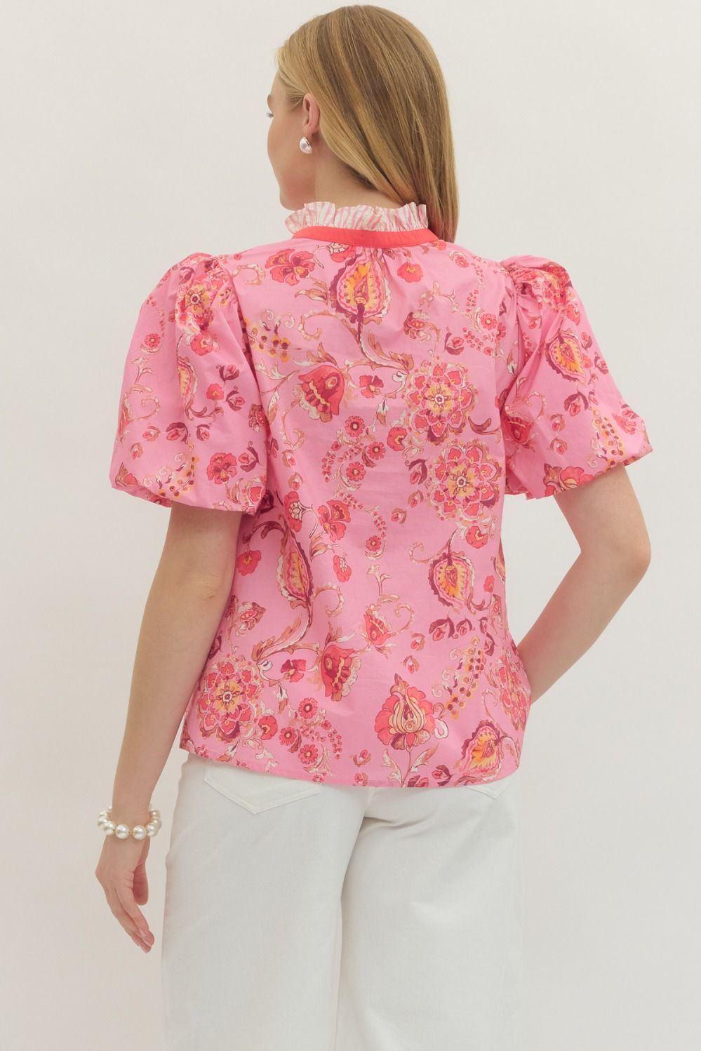 Pink Floral Balloon Sleeve Top