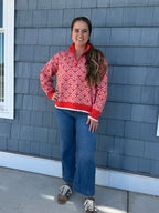 Red Orange Multi Floral Half Zip Mock Neck Pullover Sweater