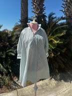 Green & White Mock Neck Banded Puff Sleeve Mini Dress