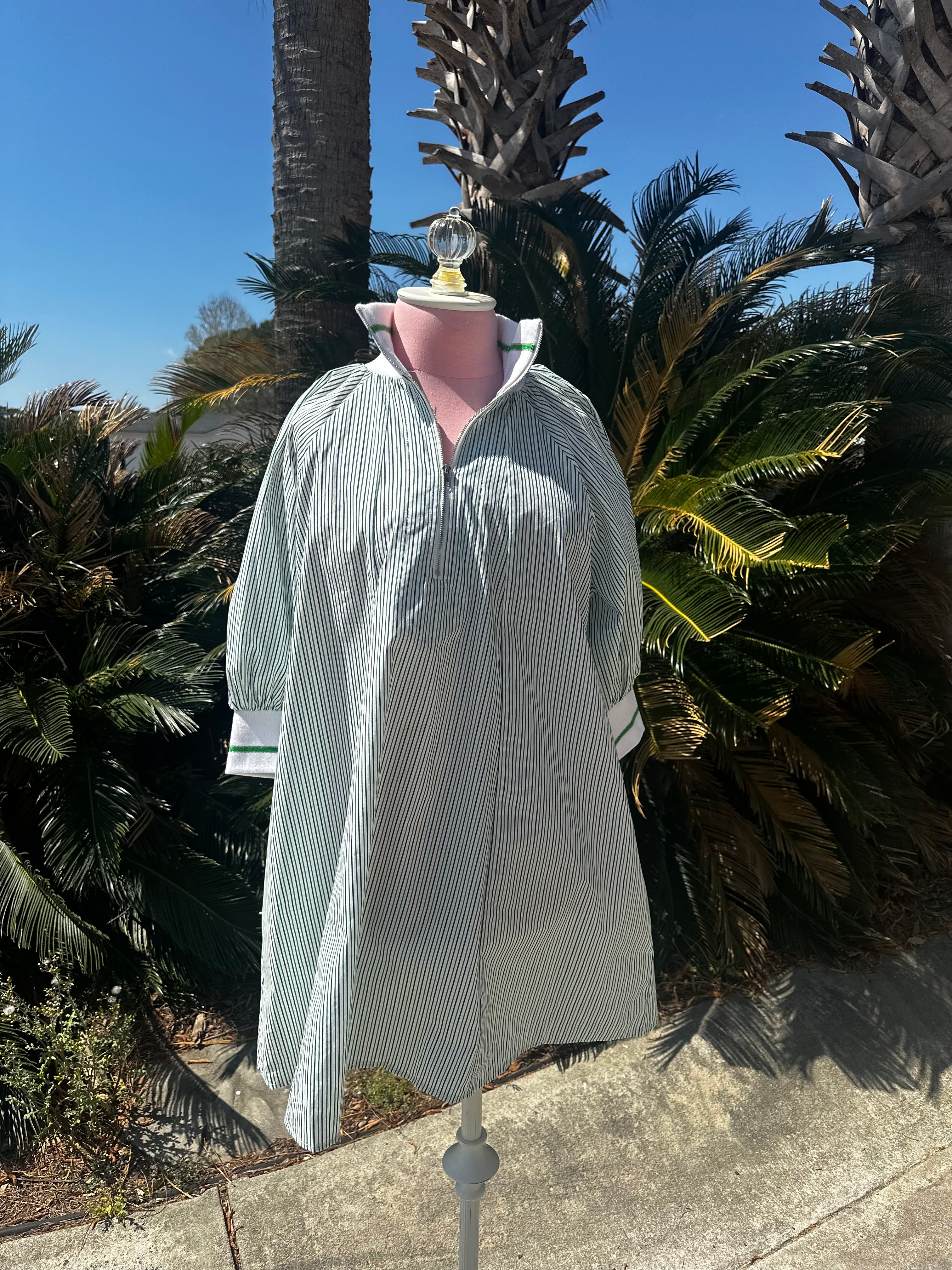 Green & White Mock Neck Banded Puff Sleeve Mini Dress