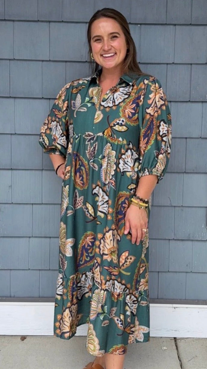 Teal Boho Paisley Midi Dress