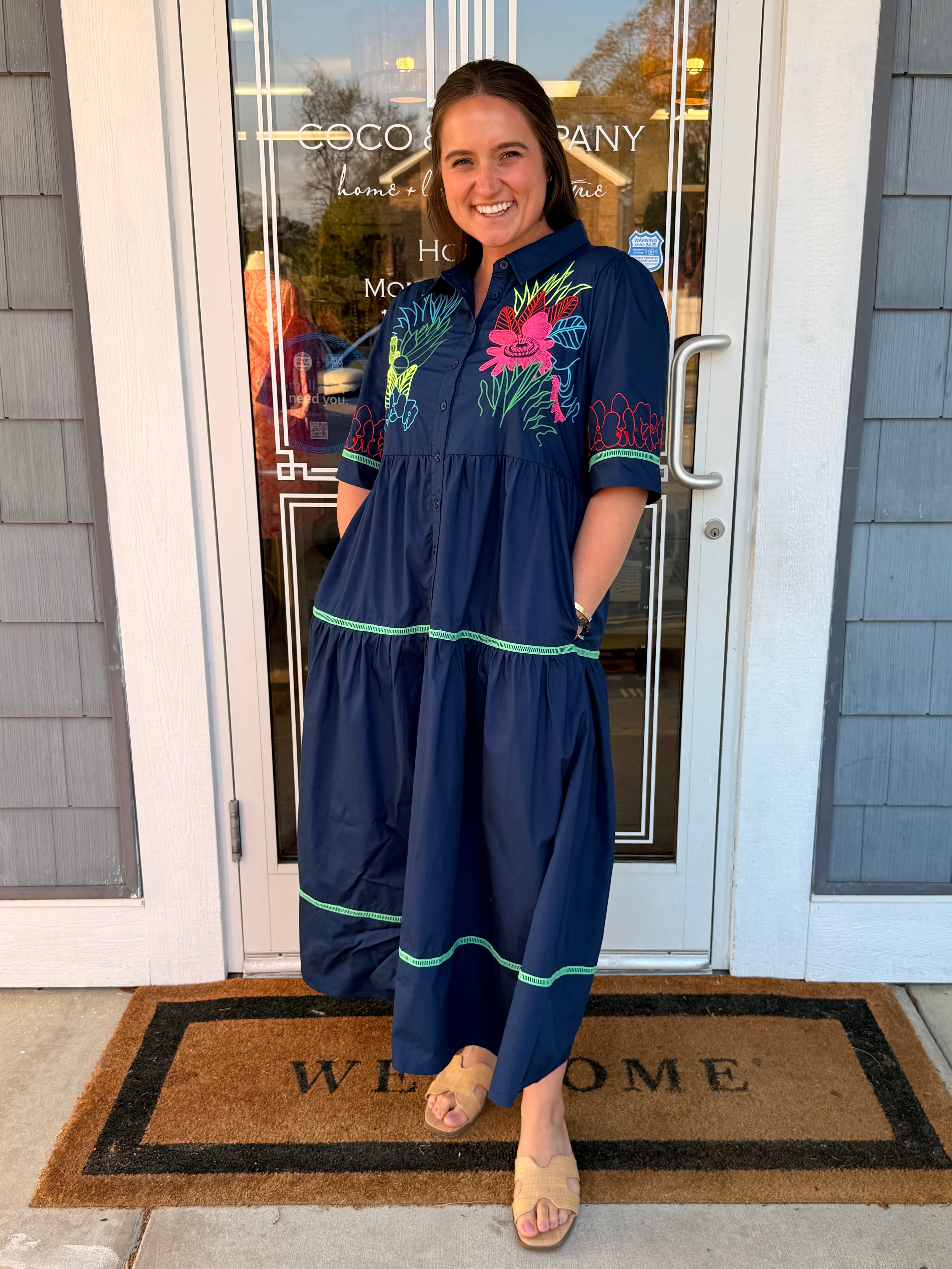 Navy Embroidered Button Down Midi Dress