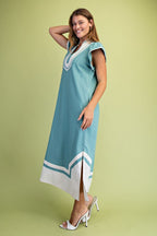 Dusty Mint Linen V-neck Midi Dress