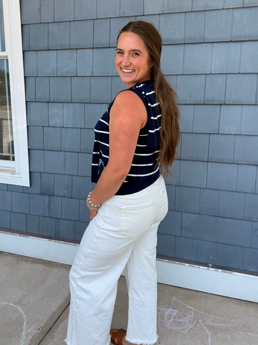 Navy & White Knit Sleeveless Attached Scarf Detail Neckline