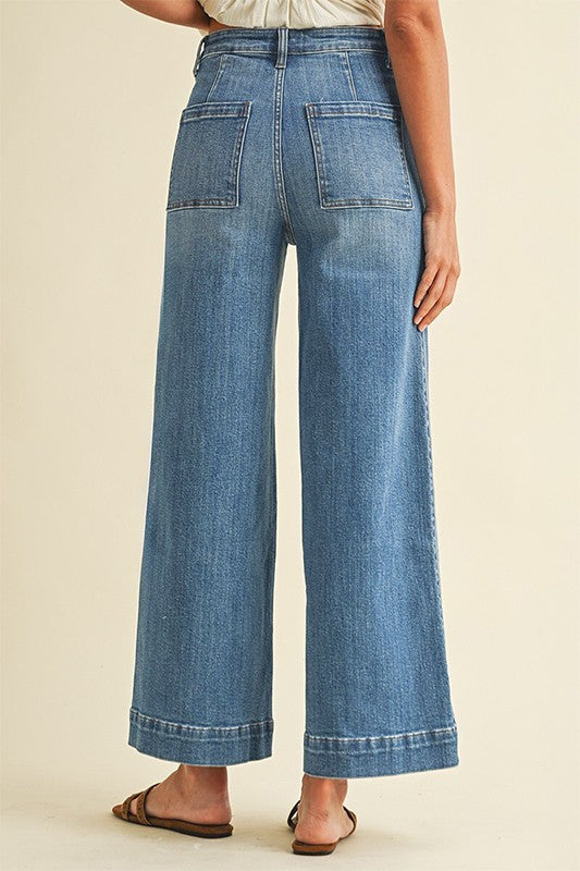 Medium Denim Stretch  High Rise Pin Tuck Wide Leg Jeans