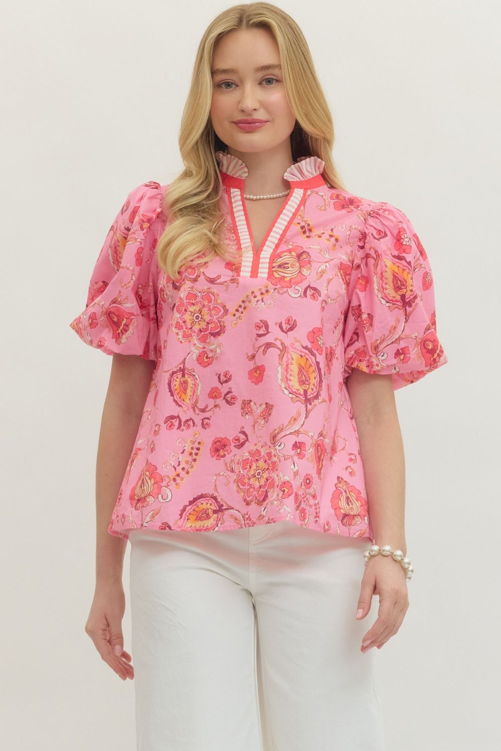Pink Floral Balloon Sleeve Top