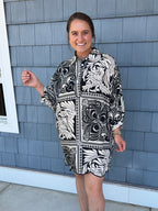 Black Marbled Bandana Dress W/ Scallop Detail