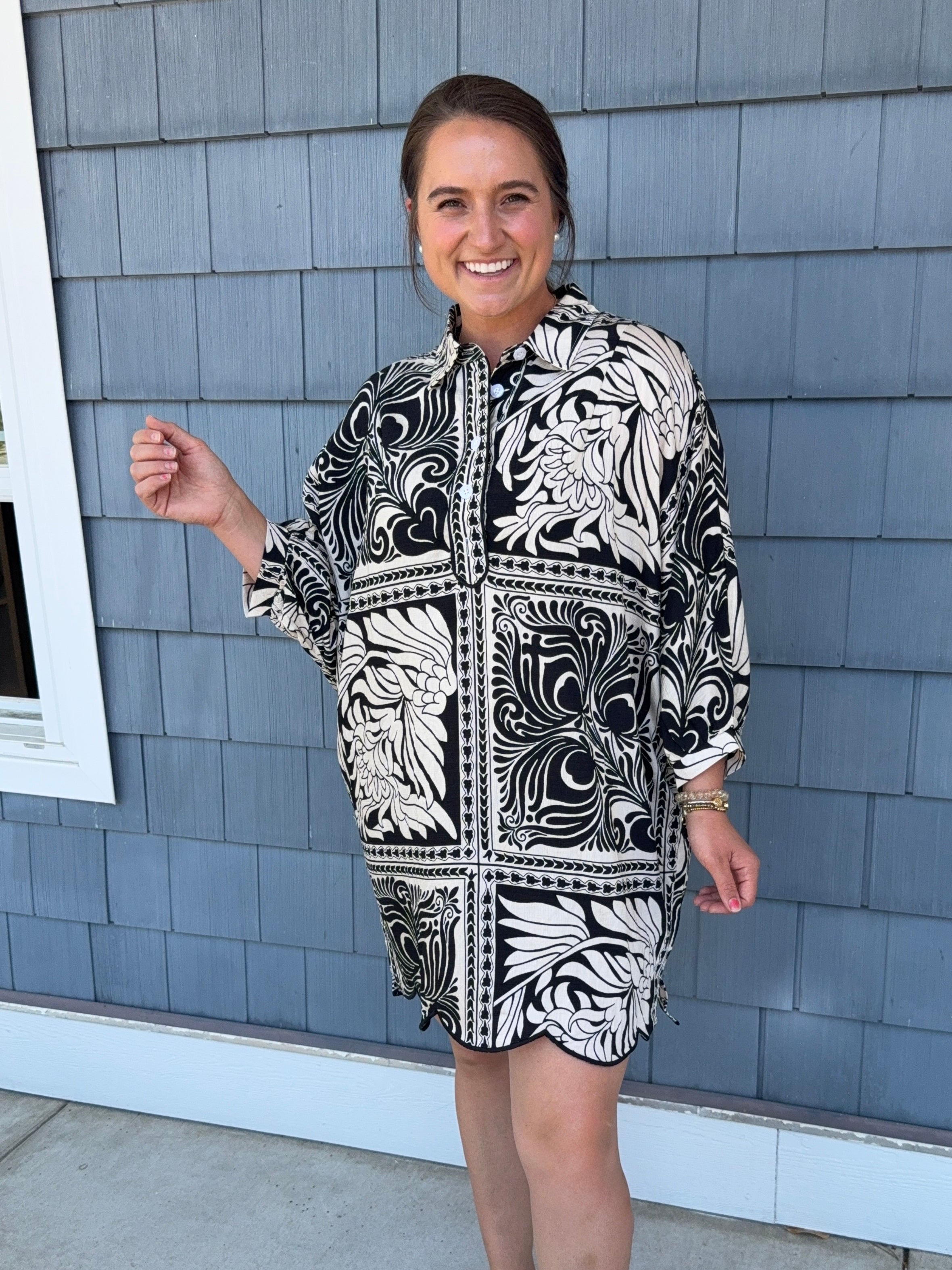 Black Marbled Bandana Dress W/ Scallop Detail